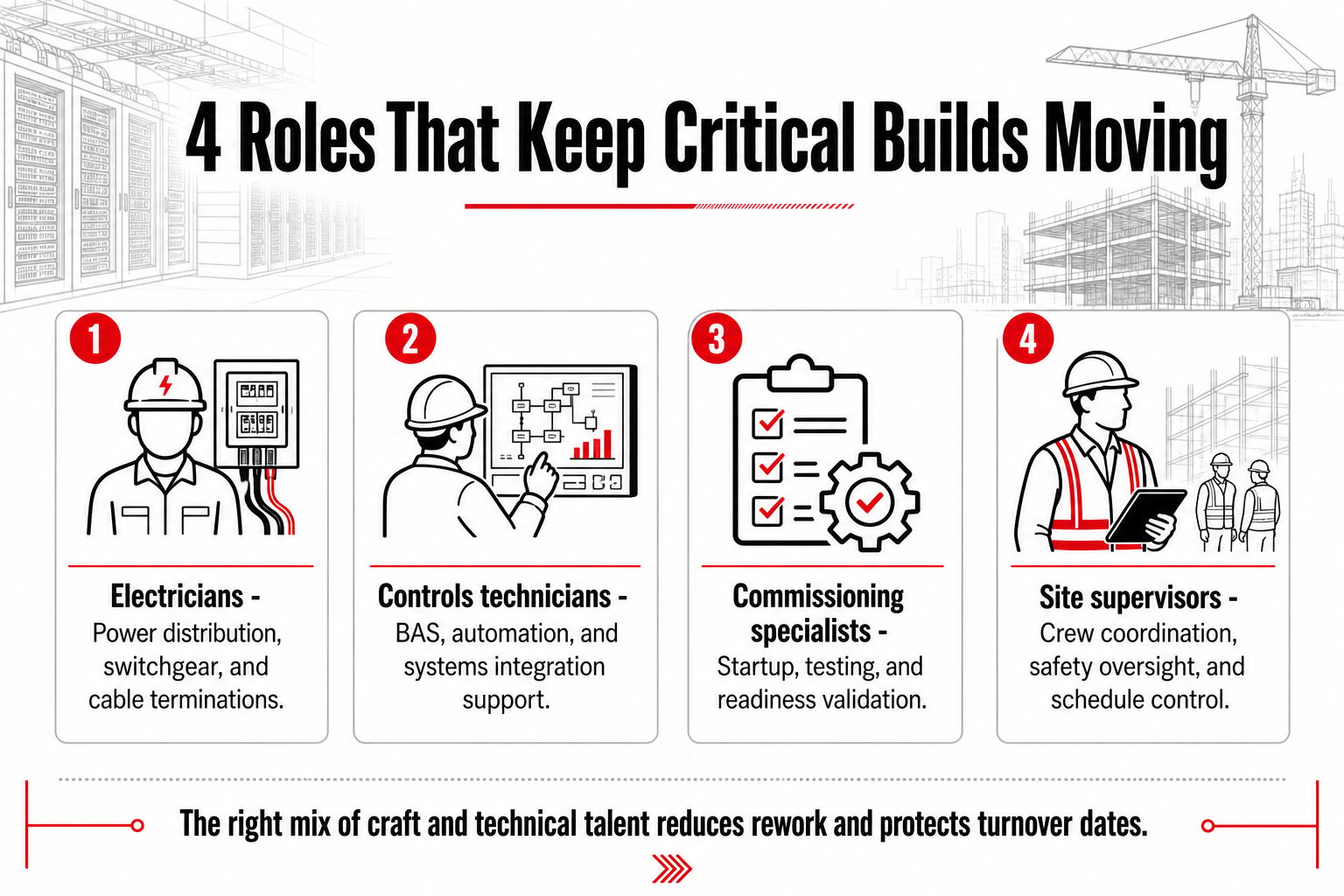 Infographic highlighting four critical roles needed for data center staffing success