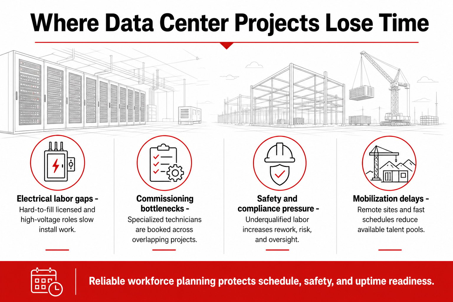 Infographic showing four common labor-related causes of data center construction delays