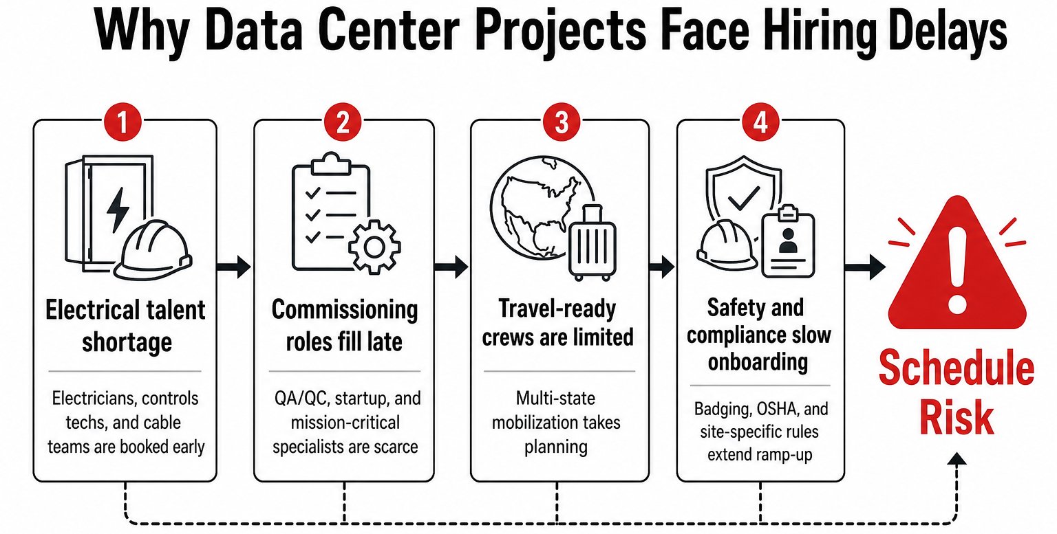 Infographic showing the main causes of hiring delays on data center construction projects