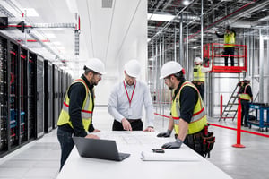 Project manager and skilled workers coordinating data center construction and staffing plans