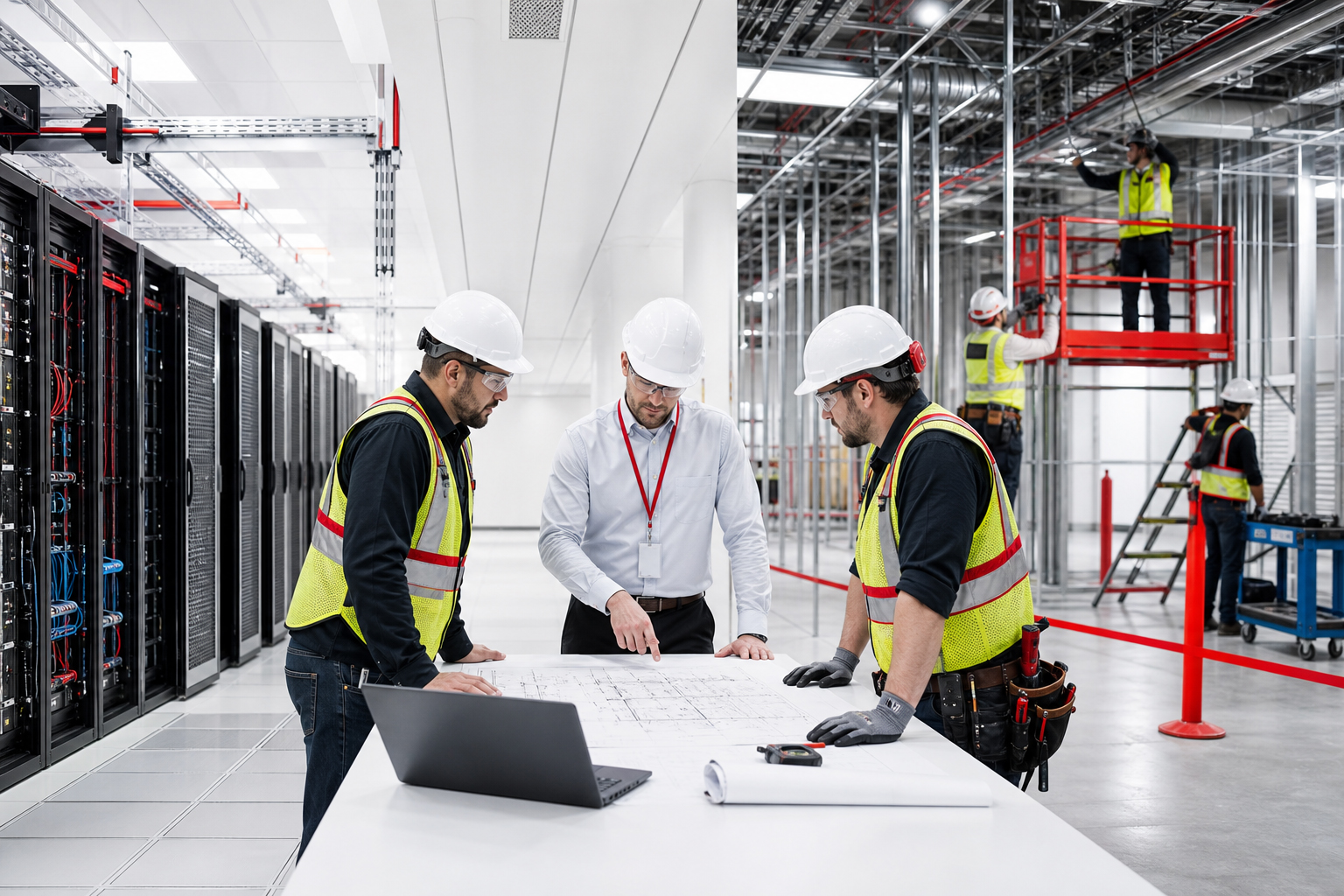 Project manager and skilled workers coordinating data center construction and staffing plans